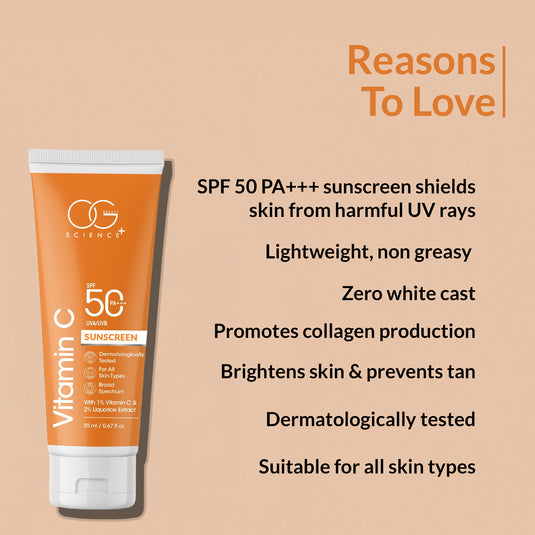 OG BEAUTY SCIENCE SPF 50 PA+++ Sunscreen, Vitamin C and Liquorice, Dermatologist Approved, Lightweight and Hydrating, 20ml