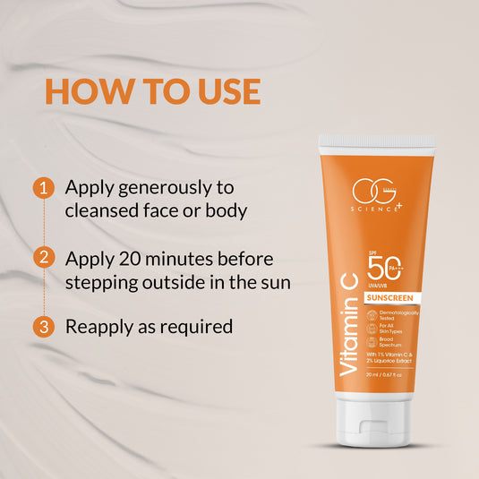 OG BEAUTY SCIENCE SPF 50 PA+++ Sunscreen, Vitamin C and Liquorice, Dermatologist Approved, Lightweight and Hydrating, 20ml
