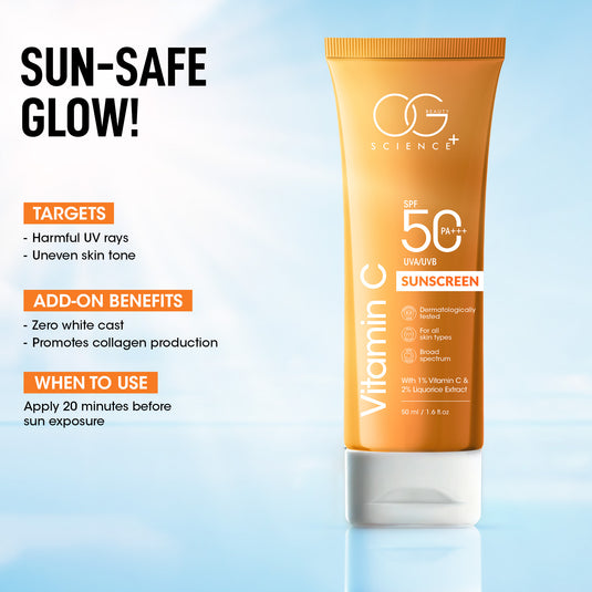 OG BEAUTY SCIENCE SPF 50 PA+++ Sunscreen - 1% Vitamin C & Liquorice for Radiant Skin - UV Protection & Hydration - 50ml