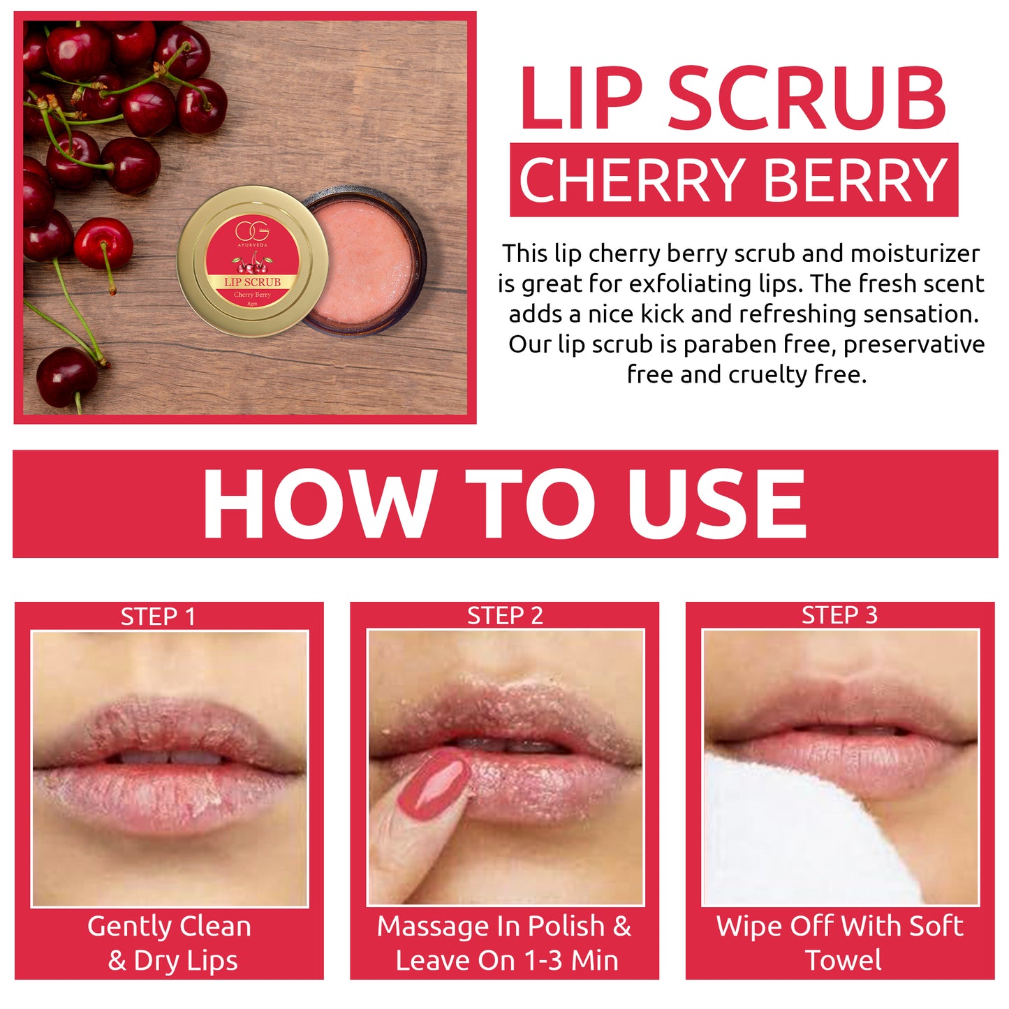 OG BEAUTY AYURVEDA Cherry Berry Lip Scrub 8 Gm