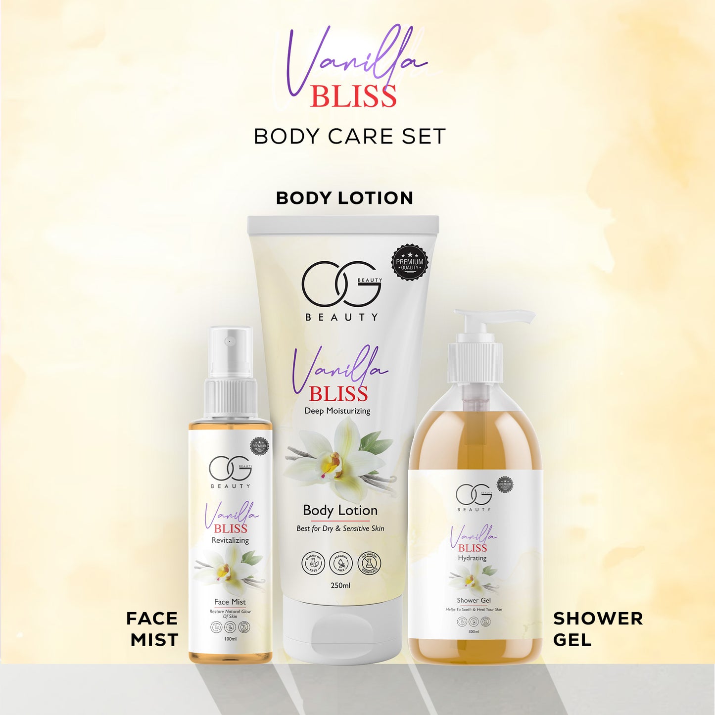 OG Beauty Vanilla Bliss Radiance Trio: Body Lotion, Face Mist, Shower Gel